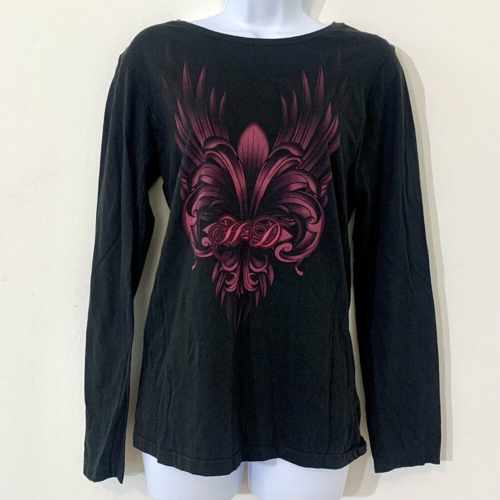 HARLEY DAVIDSON Tribal Feather Floral Heart HD Design LS Biker T-shirt SZ L